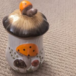 Merry Mushroom Whimsical Ceramic Jar with Orange and Brown Mushroom Design